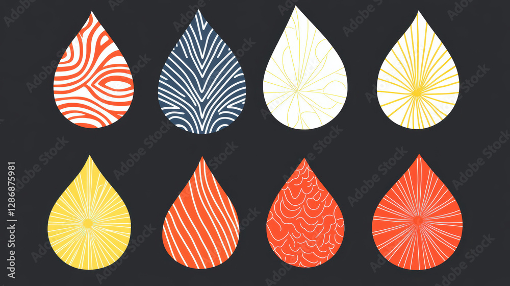 Fototapeta premium Vibrant teardrop shapes with intricate patterns in red, yellow, and white on dark background, creating bold and artistic design