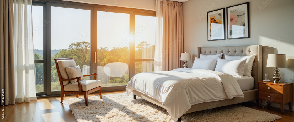 Obraz premium Elegant bedroom bathed in golden hour sunlight, serene ambiance