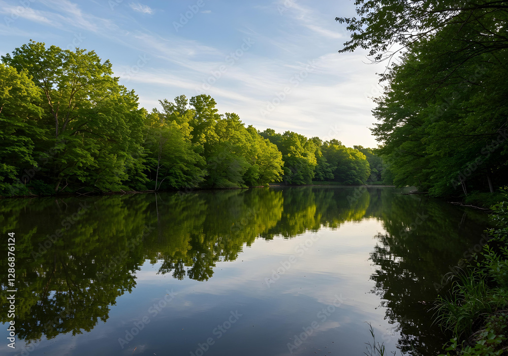 A serene lake reflecting lush trees and a clear sky, perfect for showcasing natural beauty and tranquility. A serene lake reflecting lush trees and a clear sky, perfect for showcasing natural beauty and tranquility.