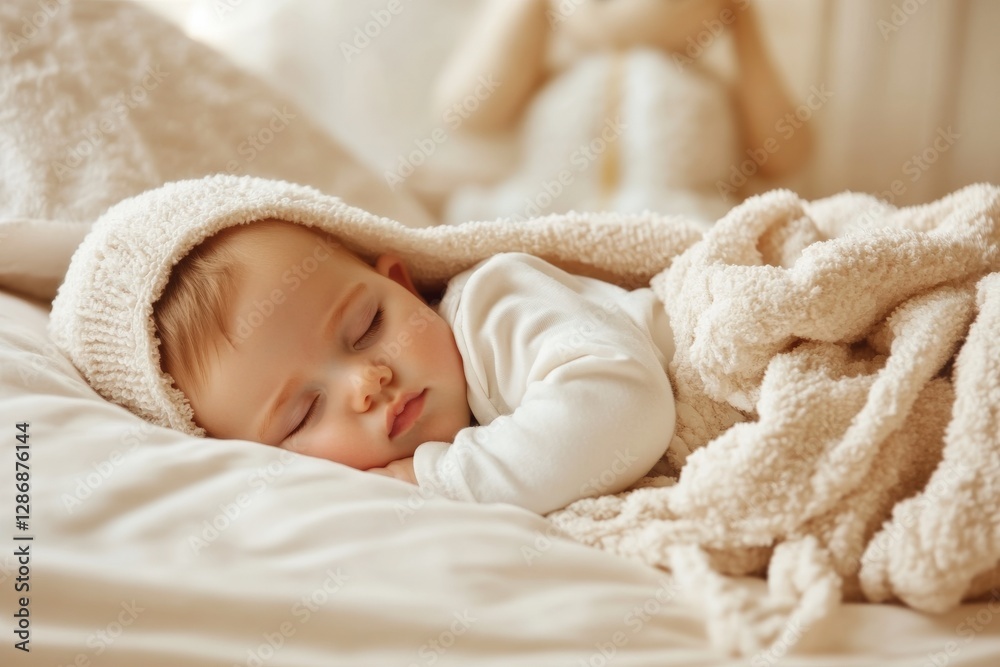 Peaceful sleeping baby snuggled in cozy blanket on soft bed in a tranquil indoor setting at morning light Peaceful sleeping baby snuggled in cozy blanket on soft bed in a tranquil indoor setting at morning light