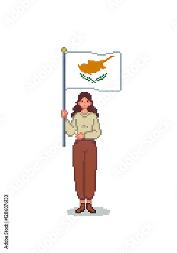 pixel art style woman holding a flag of cyprus 