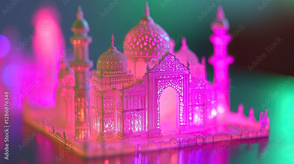 Fototapeta premium Taj Mahal Miniature with Pink Lighting Architectural Design Ornament