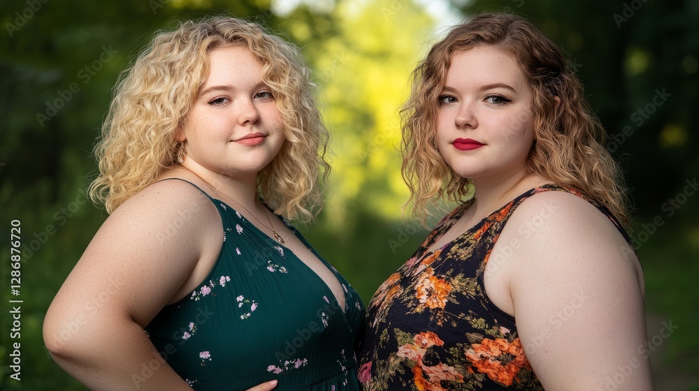 Obraz premium Two women in summer dresses, soft light, vibrant backdrop, radiating warmth and connection.