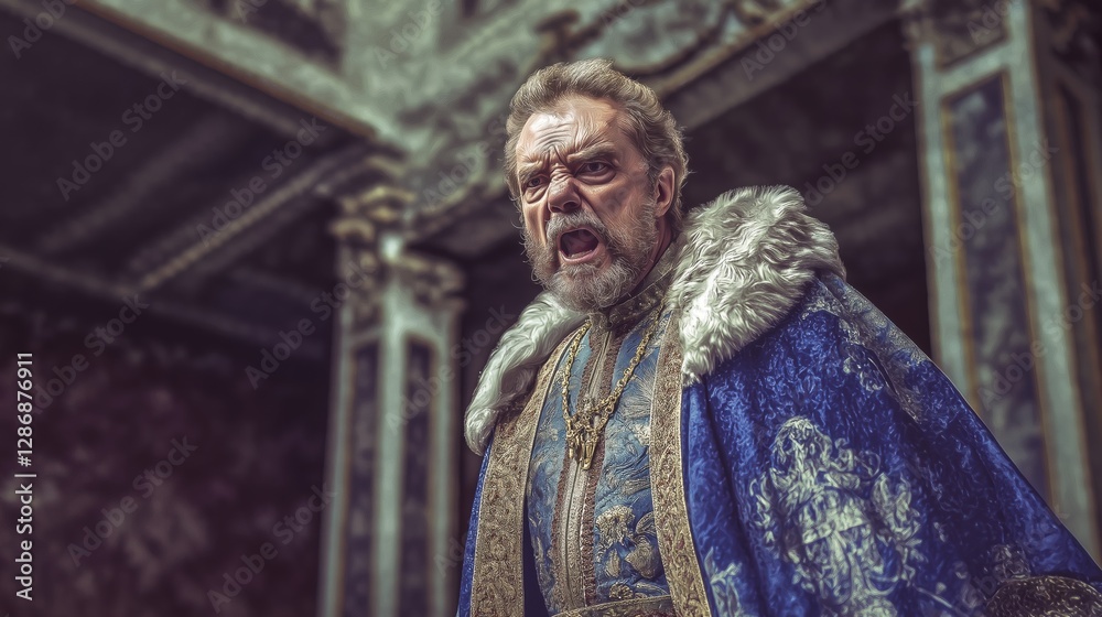 Naklejka premium Biblical character. Visual representation of King Herod at the time of Jesus Christ. King Herod is dressed in luxurious robes, displaying royal authority. An angry and evil look. Real photo, image.