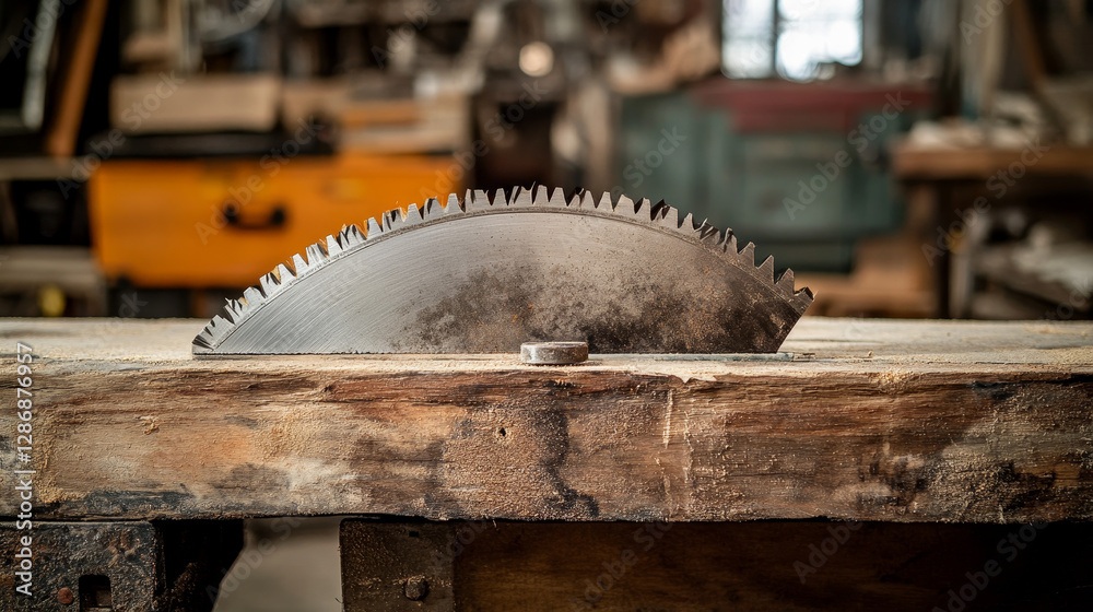 A collection of hand tools and a buzz saw blade displayed behind a wooden plank with copy space, symbolizing DIY projects and hardware store equipment A collection of hand tools and a buzz saw blade displayed behind a wooden plank with copy space, symbolizing DIY projects and hardware store equipment
