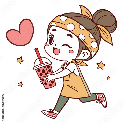 A joyful girl with a polka dot headband is happily holding a cup of bubble milk tea. She wears an apron and runs excitedly, surrounded by stars and hearts