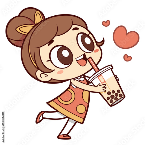 A cheerful young girl with a bun hairstyle holds a cup of bubble milk tea while dancing with delight. Her bright dress and playful demeanor reflect her love for this refreshing drink