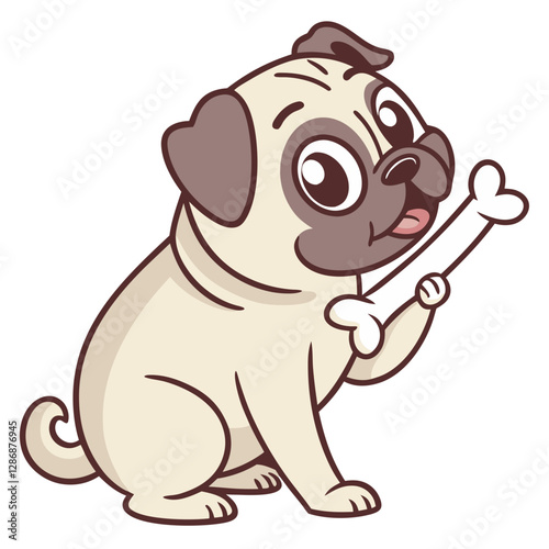 A cheerful pug dog sits happily while playfully holding a bone in its mouth. This delightful cartoon illustration captures the playful nature of pets, perfect for dog lovers