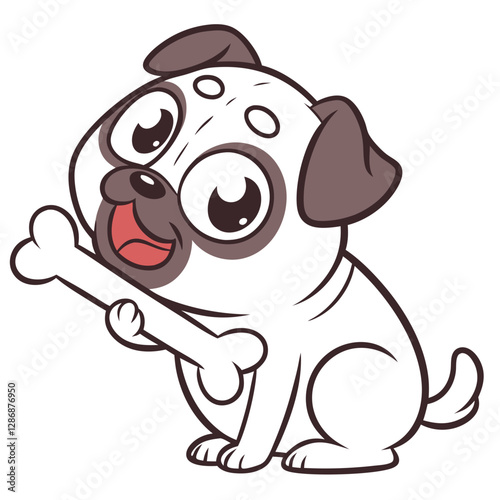 A charming cartoon pug is happily biting a bone, showcasing its playful nature. This adorable illustration features a joyful expression that captures the essence of a beloved pet