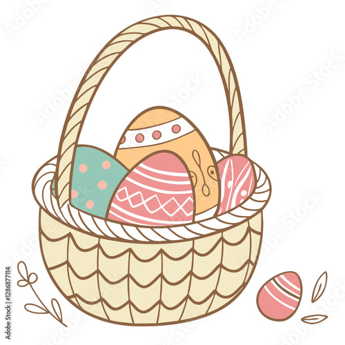 A cute wicker basket holds a variety of colorful easter eggs, each decorated with unique patterns. This festive display evokes a warm, joyful atmosphere perfect for spring celebrations