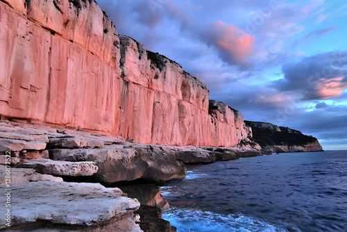 A breathtaking view of the iconic white cliffs of Étretat, Normandy, France, illuminated by the soft hues of a stunning sunset over the sea photo