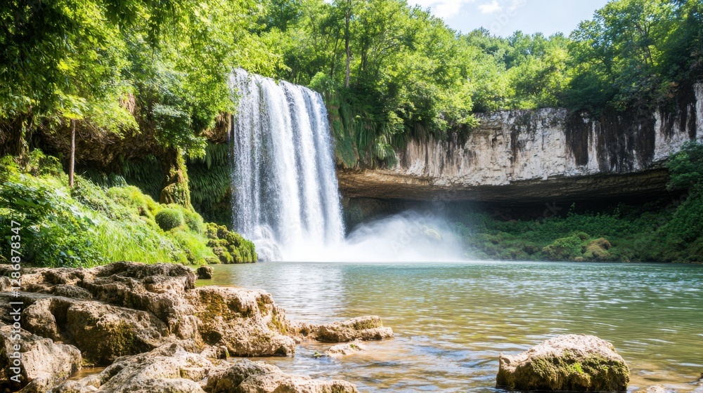 Fototapeta premium Serene Waterfall & Scenic Nature Landscape in a Sunlit Forest - Perfect Summer Hiking Adventure and Photography Experience