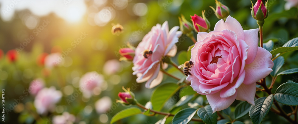 Beautiful roses with dewdrops in garden at dawn, natural serenity Beautiful roses with dewdrops in garden at dawn, natural serenity