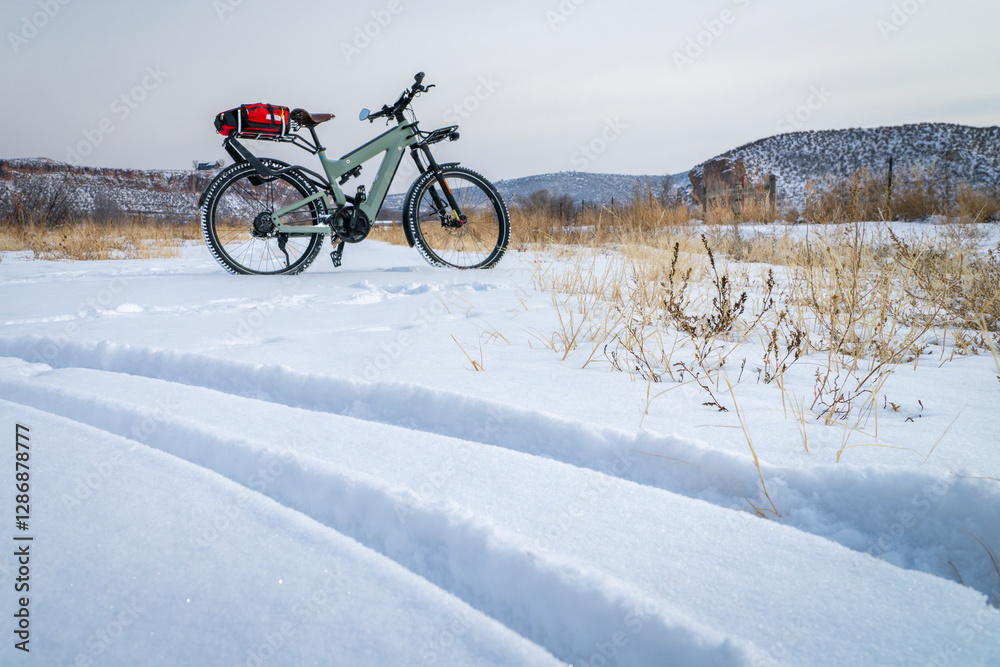 touring electric bike in cold winter scenery of Colorado foothills touring electric bike in cold winter scenery of Colorado foothills