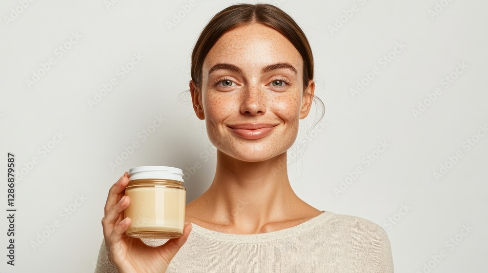 The image features a woman holding a jar of skincare product. The image features a woman holding a jar of skincare product.