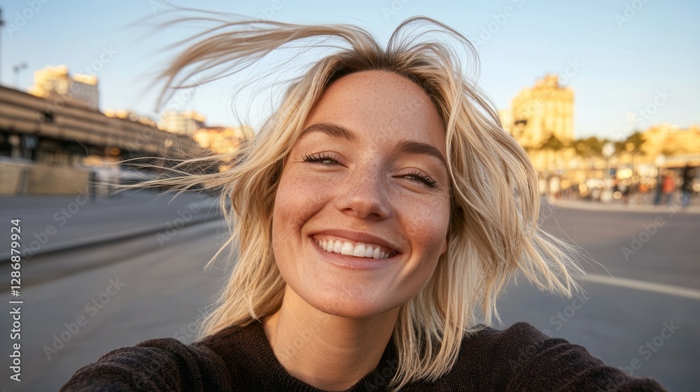 A young woman taking a selfie with a joyful expression and blond hair blowing in the wind while standing outdoors during daytime. A young woman taking a selfie with a joyful expression and blond hair blowing in the wind while standing outdoors during daytime.