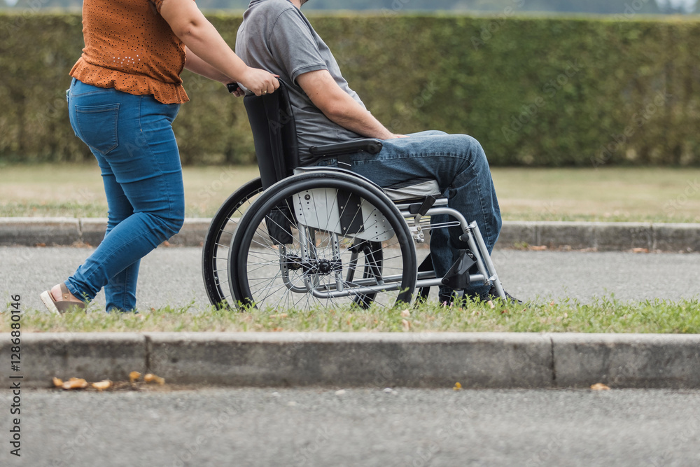 Obraz premium Smiling man, a wheelchair user, and his female assistant enjoying outdoor activity. Disability support concept.