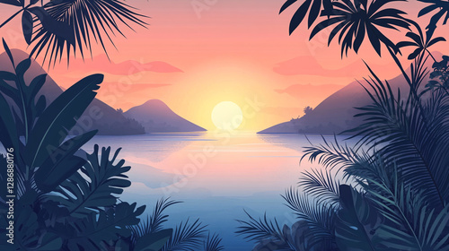 A serene tropical sunset over a calm ocean framed by lush palm leaves and distant mountains creating a peaceful and dreamlike view

