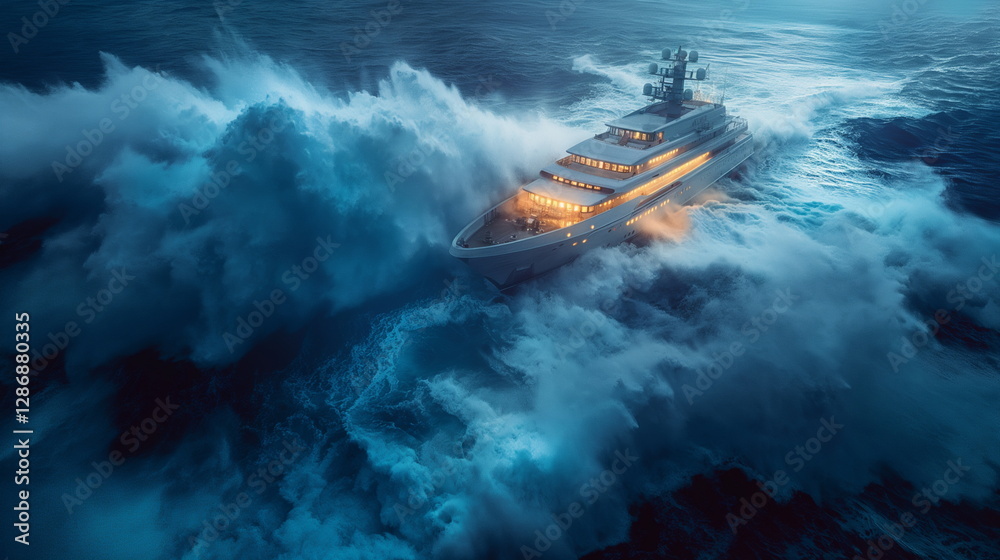 Fototapeta premium A modern cruiser in a storm huge waves crash onto _010