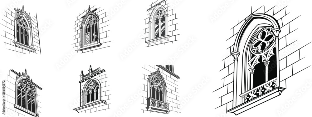 Naklejka premium vector sketches of gothic arched windows with ornate details, perfect for architectural and historical design