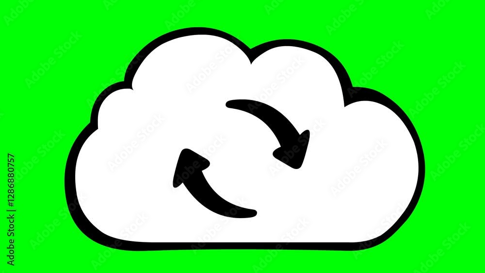 video animation drawing black and white icon internet cloud update concept, on a green chroma key background