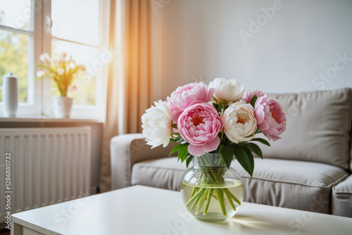 Pink and white peony bouquet in sunlit living room, floral beauty