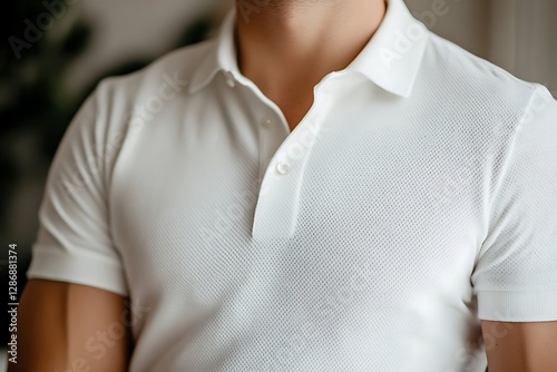 Close-up of a Man Wearing a White Polo Shirt photo