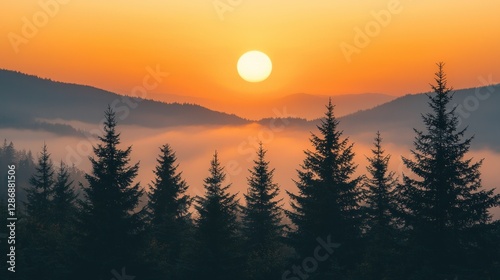 Sunrise Over Forest and Misty Mountains Landscape with Orange Glow