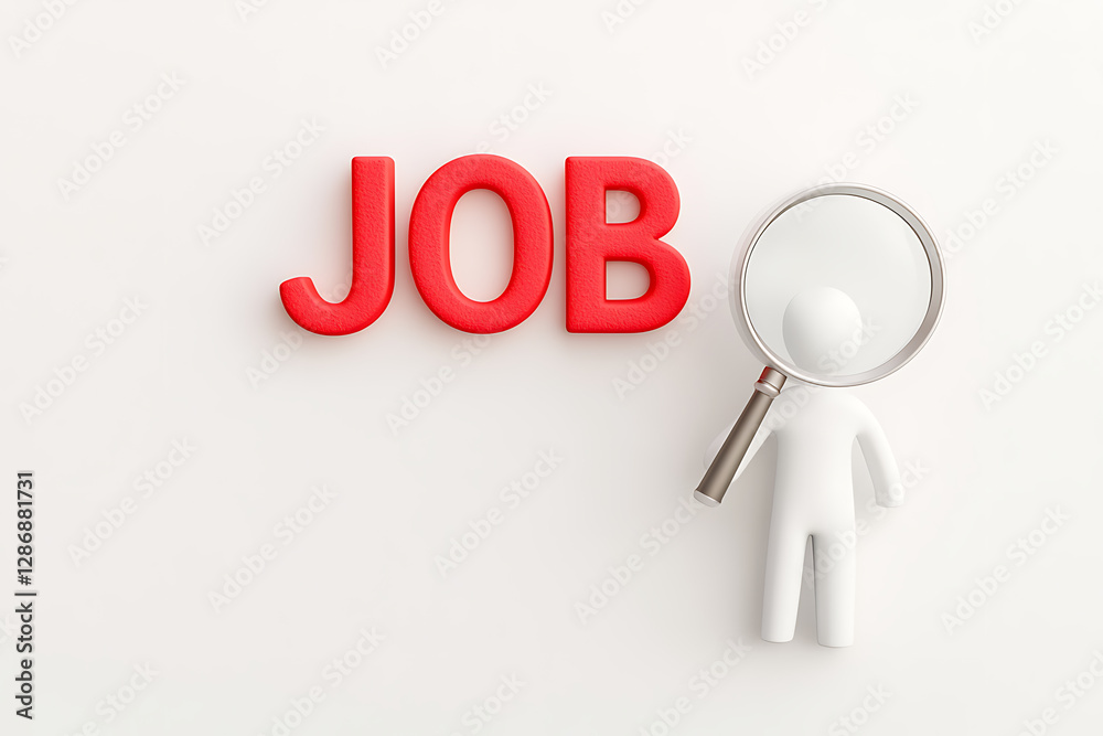 Job search concept with red letters and a figure holding a magnifying glass on a white background, symbolizing the exploration and discovery of career opportunities. Job search concept with red letters and a figure holding a magnifying glass on a white background, symbolizing the exploration and discovery of career opportunities.