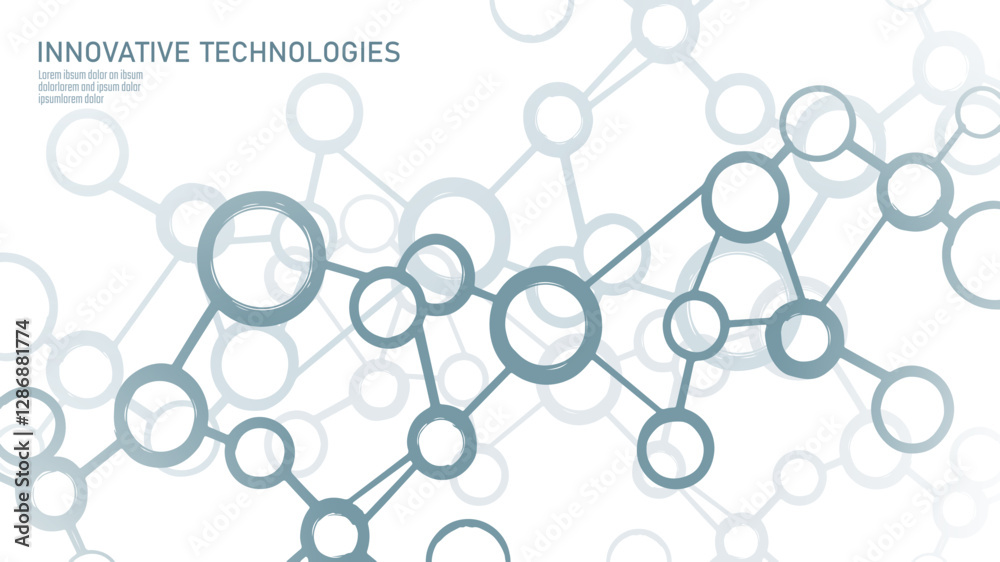Abstract molecular structure network. Interconnected circular nodes form a complex system. Science, chemistry, and digital technology visualization. Minimalist vector art with white background. Abstract molecular structure network. Interconnected circular nodes form a complex system. Science, chemistry, and digital technology visualization. Minimalist vector art with white background.