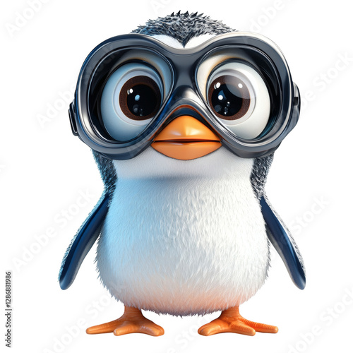 A Curious 3D Cartoon Penguin Wearing a Diving Mask Isolated on Transparent Background