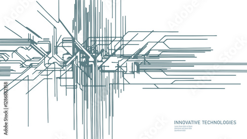 Futuristic circuit board pattern. Digital lines and electronic connections. Technology, innovation, and high-tech industry concept. Minimalist vector line art on white background.