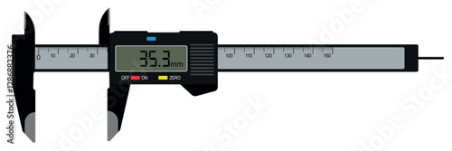 Electronic caliper universal measuring instrument with display and reading device. Vector mockup