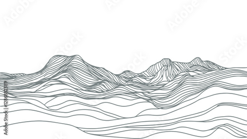 Abstract mountain landscape illustration. Wavy contour lines create depth and texture. Nature, geography, and topographic design concept. Minimalist line art drawing on a white background.