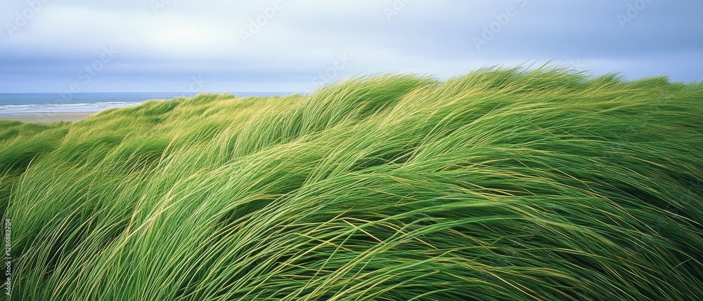 Lush green grass sways gracefully, kissed by a gentle sea breeze under a vast, tranquil sky. Lush green grass sways gracefully, kissed by a gentle sea breeze under a vast, tranquil sky.