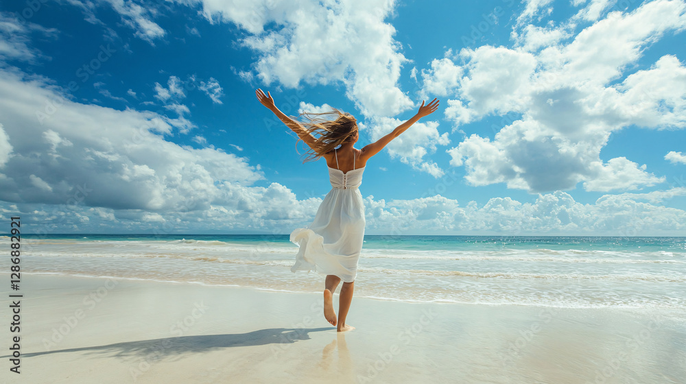 a woman in a flowing white dress standing on a sandy beach with her arms raised joyfully as the ocean waves crash under a blue sky
a woman in a flowing white dress standing on a sandy beach with her arms raised joyfully as the ocean waves crash under a blue sky