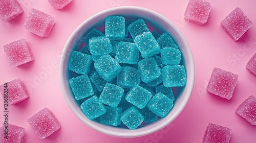 Blue and pink sugared gummies in a bowl on a pastel pink background