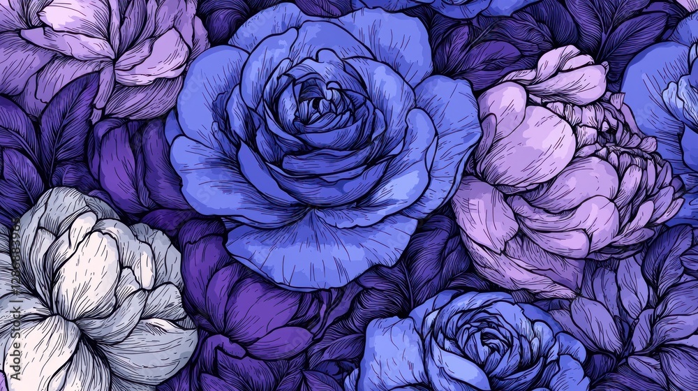 Fototapeta premium Floral Pattern of Roses and Peonies in Shades of Purple