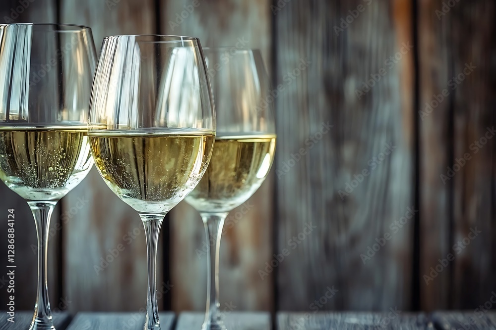 Three Glasses of White Wine on Wooden Table Three Glasses of White Wine on Wooden Table