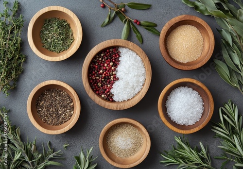 Wallpaper Mural Fresh Herbs and Spices in Wooden Bowls on Gray Surface, Close Up of Natural Ingredients for Cooking and Culinary Dishes, Healthy Food Preparation Torontodigital.ca
