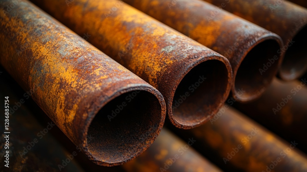 Close up of weathered steel pipes in industrial warehouse showcasing textures and aging effects Close up of weathered steel pipes in industrial warehouse showcasing textures and aging effects