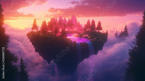 Dreamscape: An enchanted floating island bathed in a celestial glow. featuring a lush forest, cascading waterfall, and serene landscape, evokes a sense of wonder and serenity. 