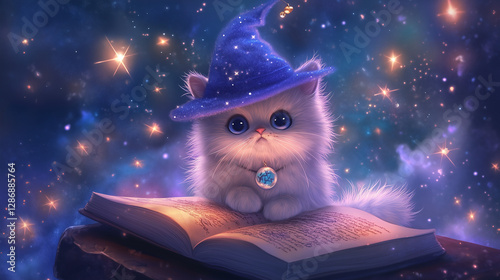 Wallpaper Mural Whimsical Cat Wizard: A fluffy, adorable cat, adorned with a wizard's hat, sits atop an ancient book, amid a starry galaxy backdrop, embodying enchantment and magic. Torontodigital.ca