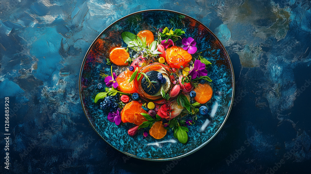 Fototapeta premium A Culinary Masterpiece: A vibrant, overhead shot of a meticulously arranged plate, showcasing a symphony of fresh fruits, edible flowers, and herbs, bursting with colors and textures.