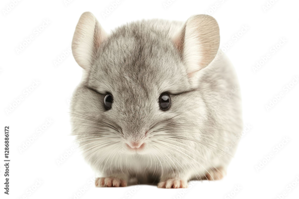 Obraz premium Studio shot of a fluffy gray rodent with large eyes and ears against a transparent background. The animal is centered with soft lighting and a focus on its fur texture