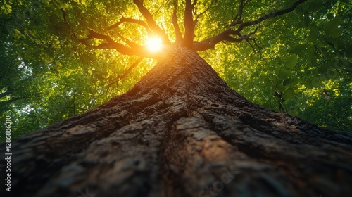 Majestic Tree Trunk Bathed in Sunlight Green Leaves Canopy