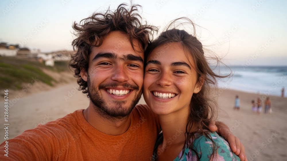 Couple standing on beach, posing for selfie, smiling and happy. Couple standing on beach, posing for selfie, smiling and happy.
