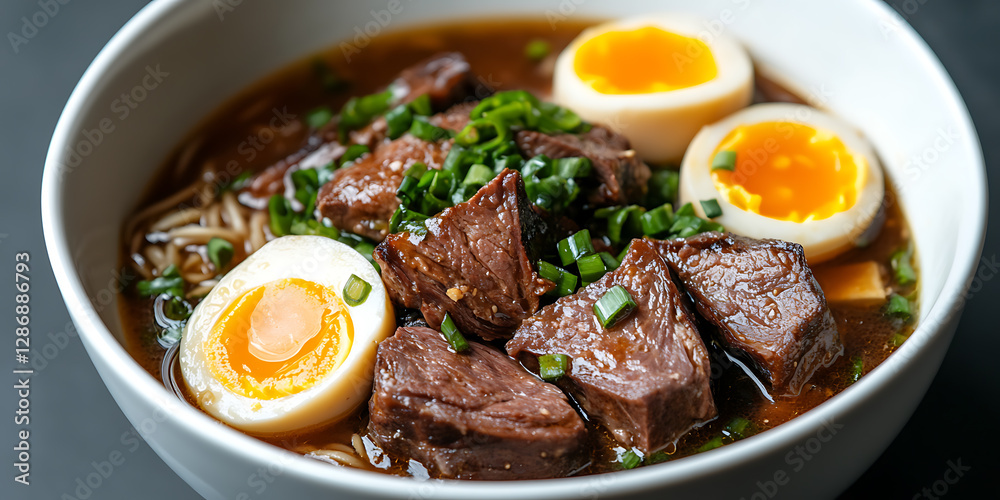 A bowl of flavorful noodle soup with braised meat, soft-boiled eggs, and fresh green onions. Comfort food at its finest, perfect for any meal! A bowl of flavorful noodle soup with braised meat, soft-boiled eggs, and fresh green onions. Comfort food at its finest, perfect for any meal!