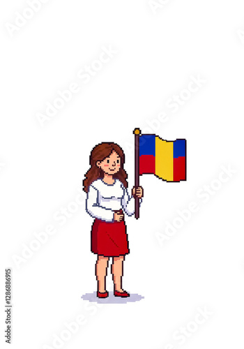pixel art style woman holding a flag 