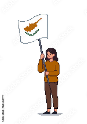 pixel art style woman holding a flag of Cyprus
